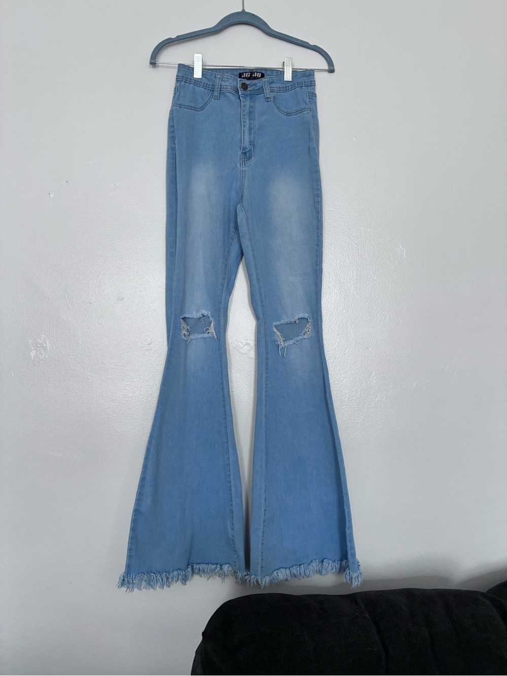 JC & JQ blue flare jeans with distressed details